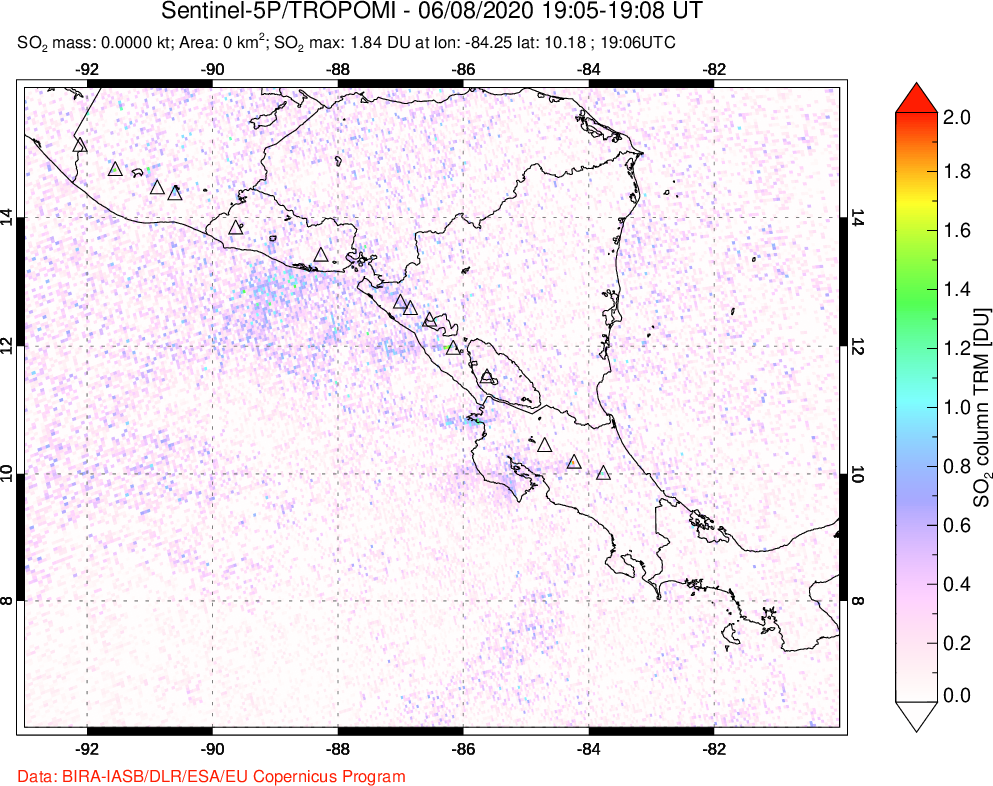 A sulfur dioxide image over Central America on Jun 08, 2020.