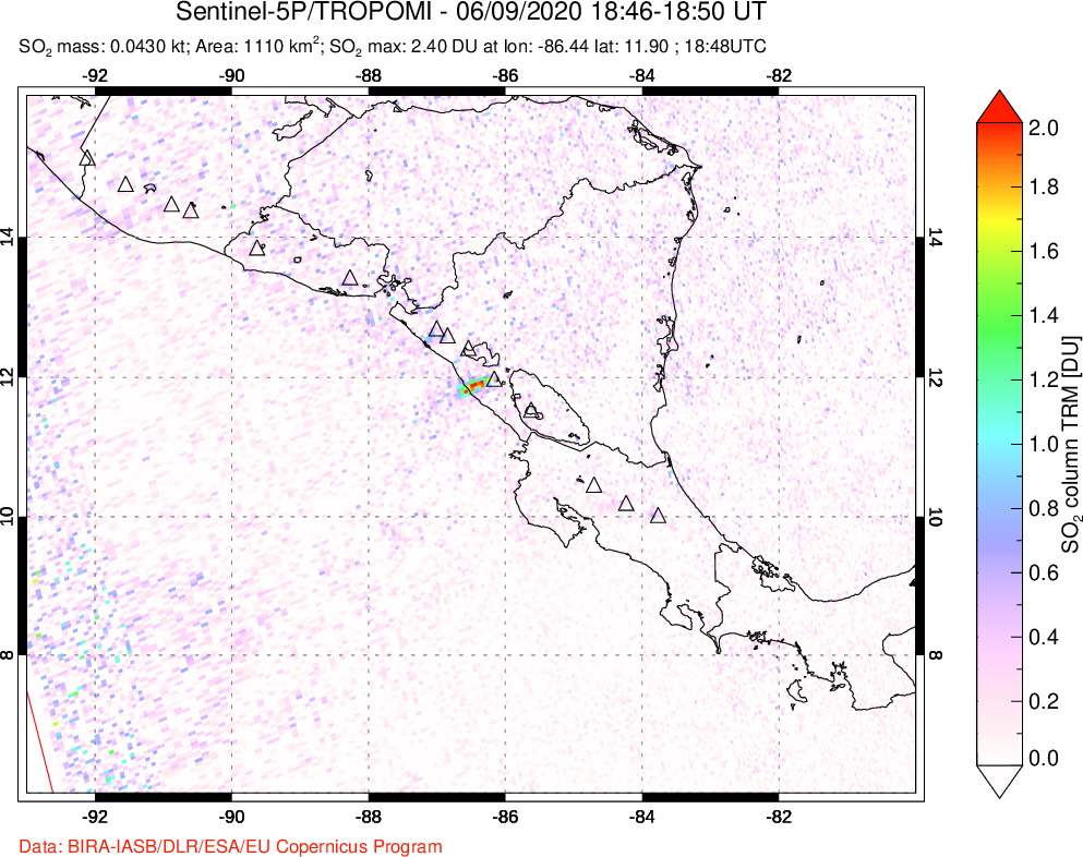 A sulfur dioxide image over Central America on Jun 09, 2020.