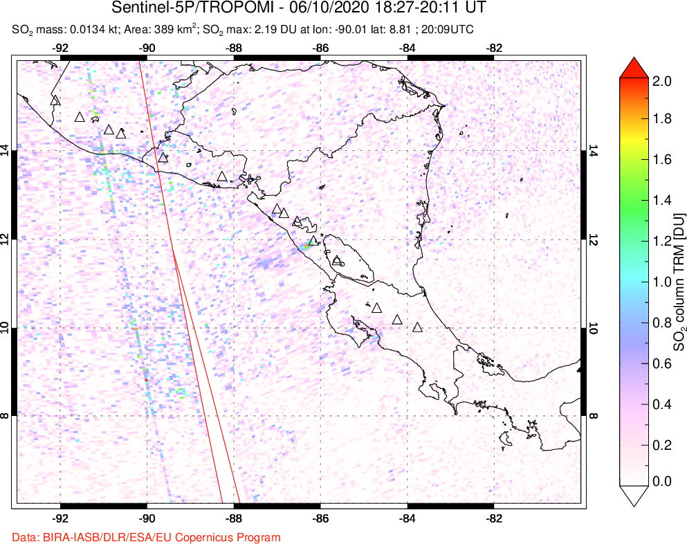A sulfur dioxide image over Central America on Jun 10, 2020.