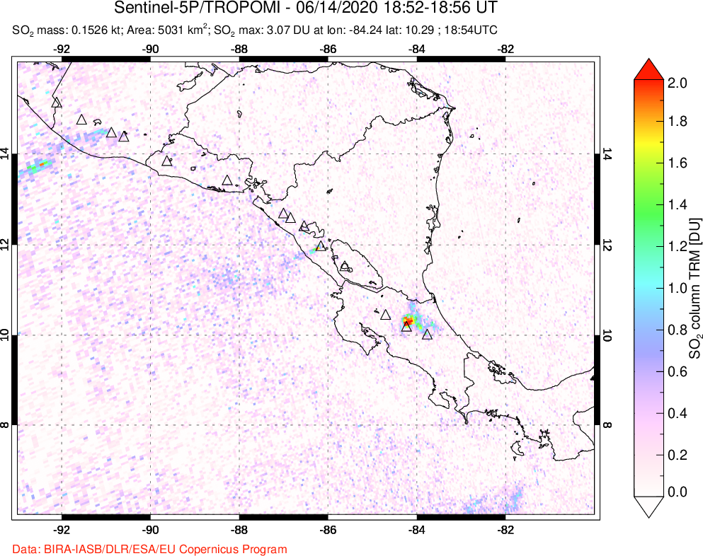 A sulfur dioxide image over Central America on Jun 14, 2020.