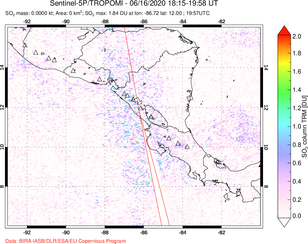 A sulfur dioxide image over Central America on Jun 16, 2020.