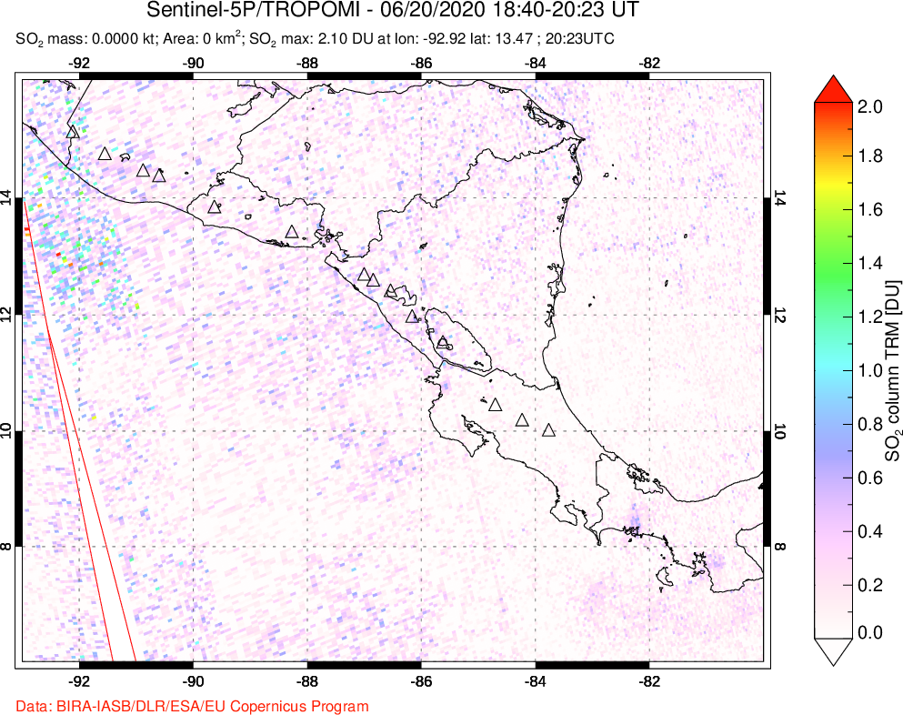A sulfur dioxide image over Central America on Jun 20, 2020.