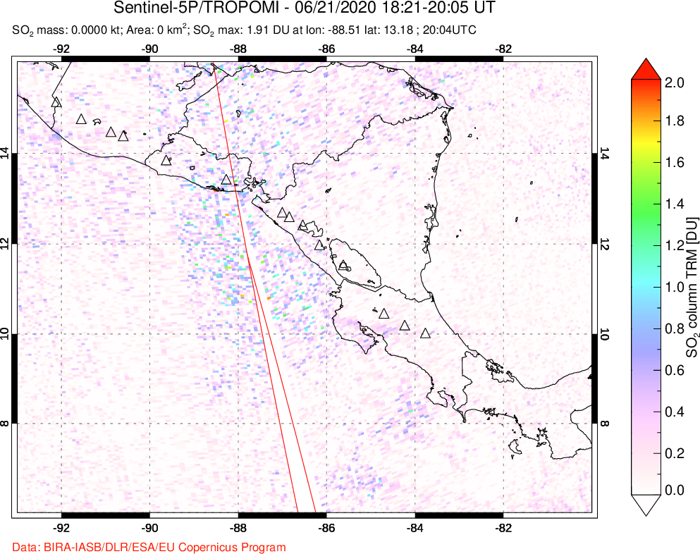 A sulfur dioxide image over Central America on Jun 21, 2020.