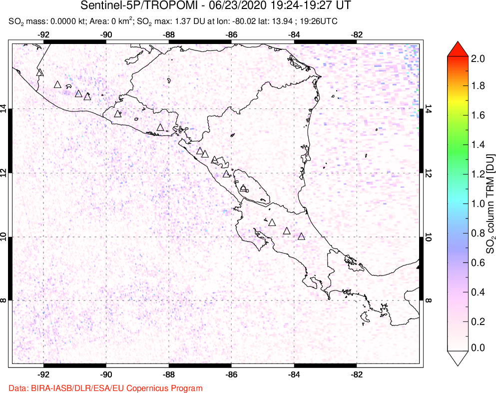 A sulfur dioxide image over Central America on Jun 23, 2020.