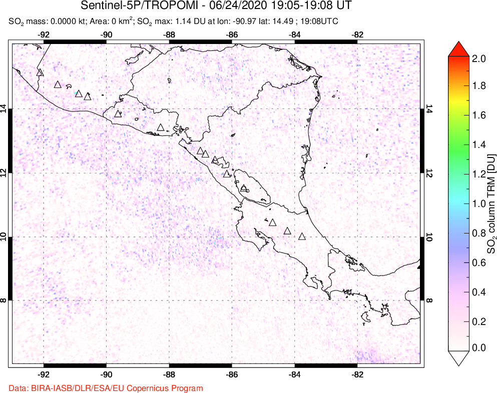 A sulfur dioxide image over Central America on Jun 24, 2020.