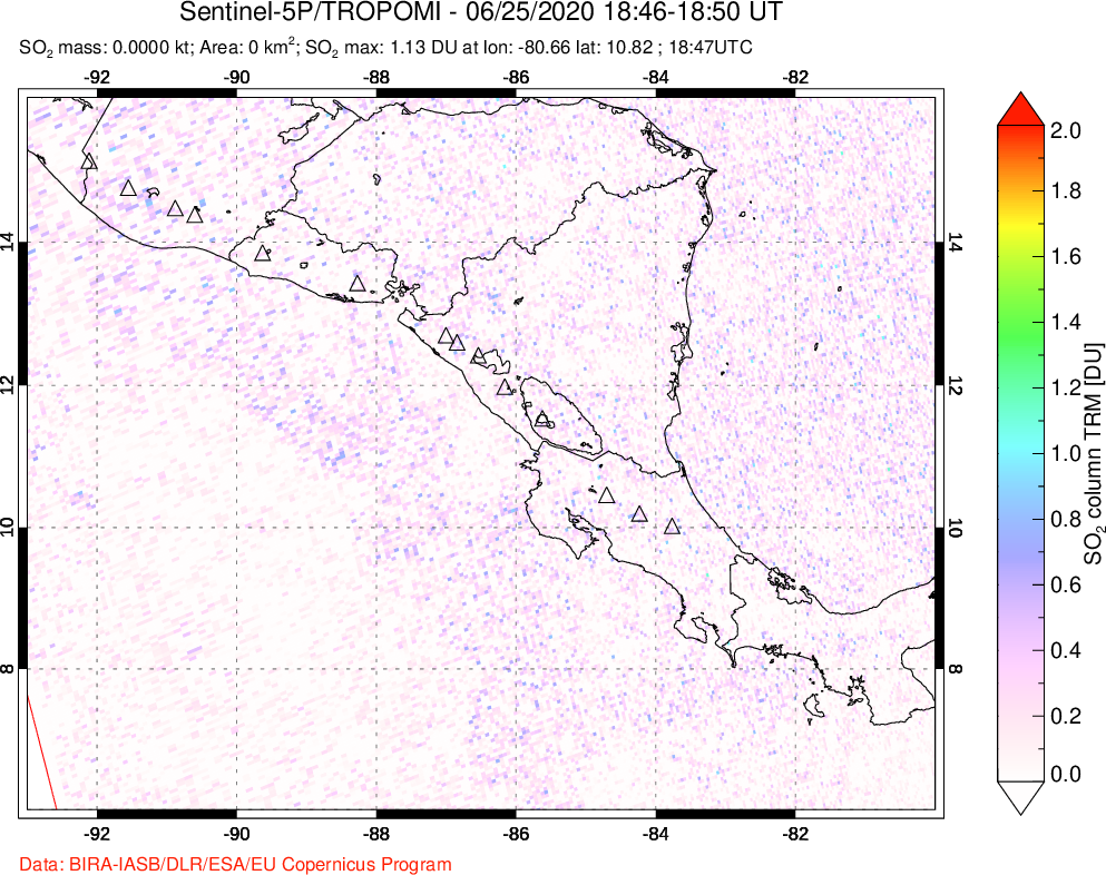 A sulfur dioxide image over Central America on Jun 25, 2020.