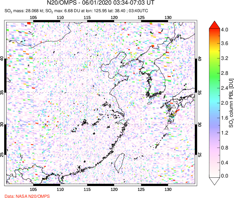 A sulfur dioxide image over Eastern China on Jun 01, 2020.
