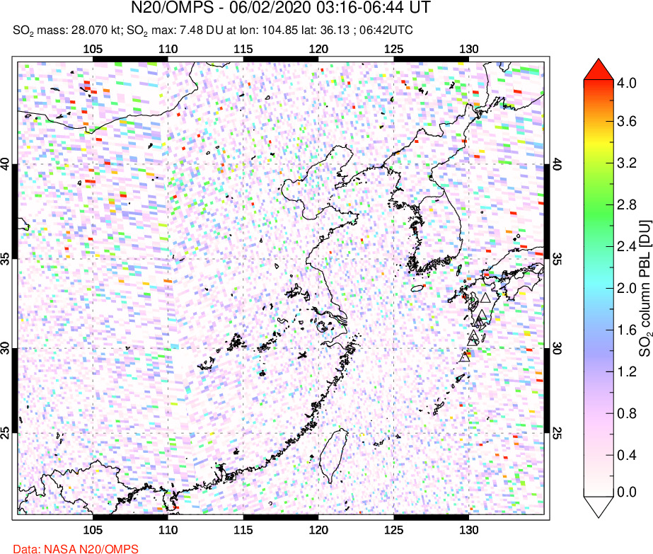 A sulfur dioxide image over Eastern China on Jun 02, 2020.