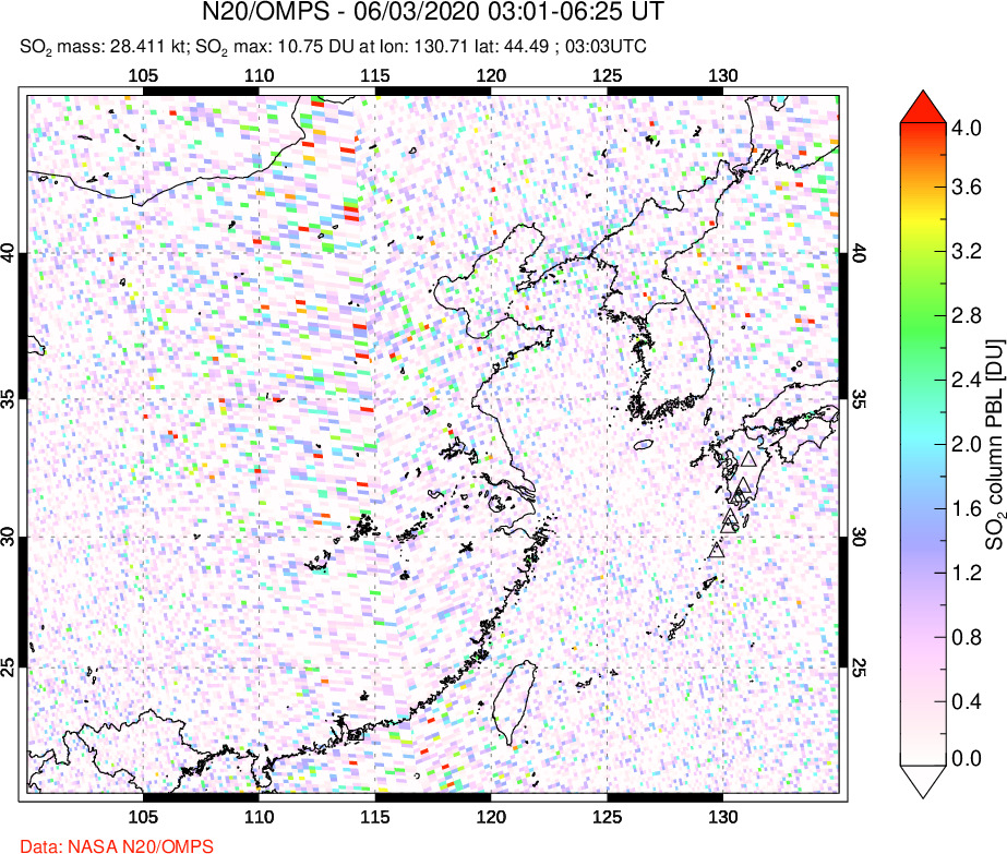 A sulfur dioxide image over Eastern China on Jun 03, 2020.