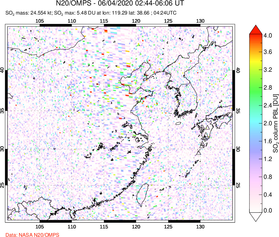 A sulfur dioxide image over Eastern China on Jun 04, 2020.