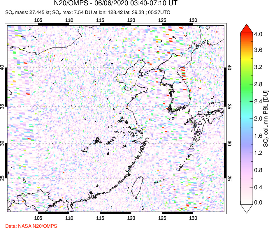 A sulfur dioxide image over Eastern China on Jun 06, 2020.