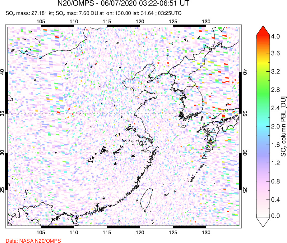 A sulfur dioxide image over Eastern China on Jun 07, 2020.