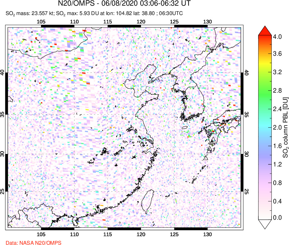 A sulfur dioxide image over Eastern China on Jun 08, 2020.