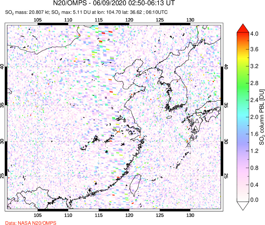 A sulfur dioxide image over Eastern China on Jun 09, 2020.