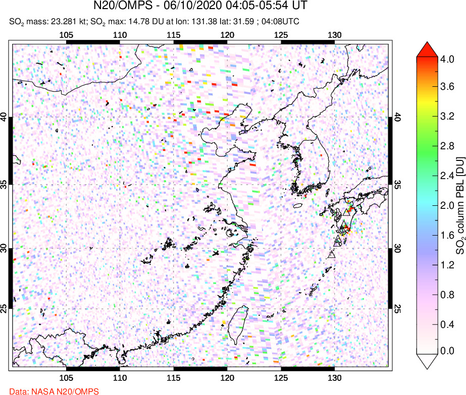 A sulfur dioxide image over Eastern China on Jun 10, 2020.