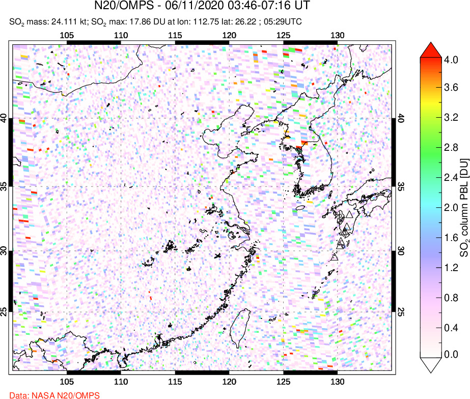 A sulfur dioxide image over Eastern China on Jun 11, 2020.