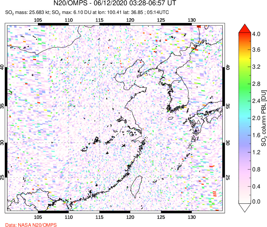 A sulfur dioxide image over Eastern China on Jun 12, 2020.