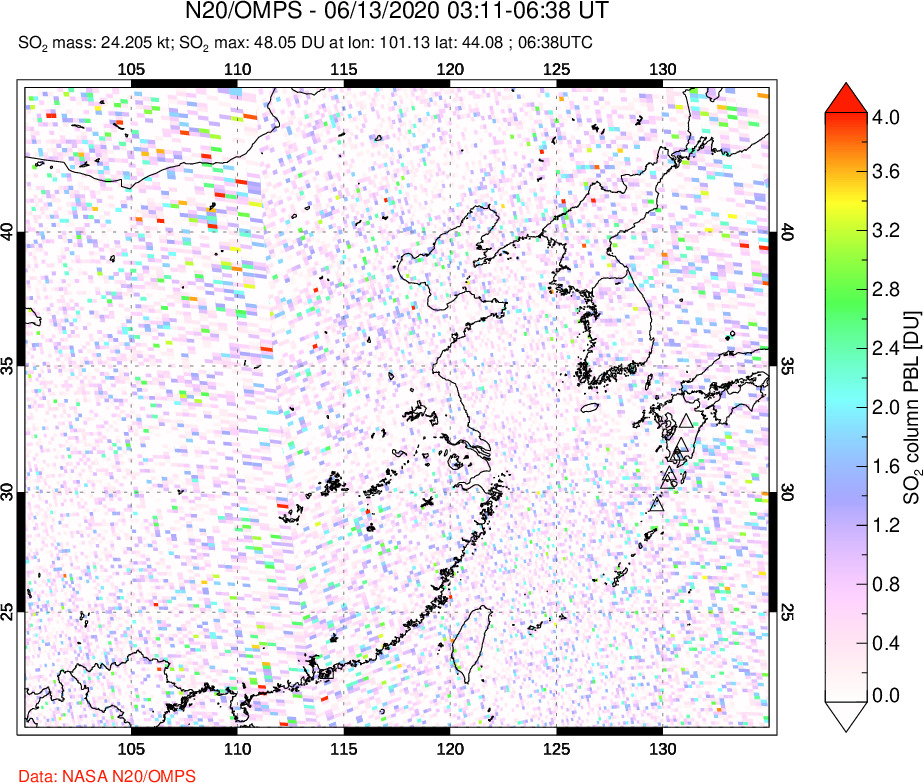 A sulfur dioxide image over Eastern China on Jun 13, 2020.