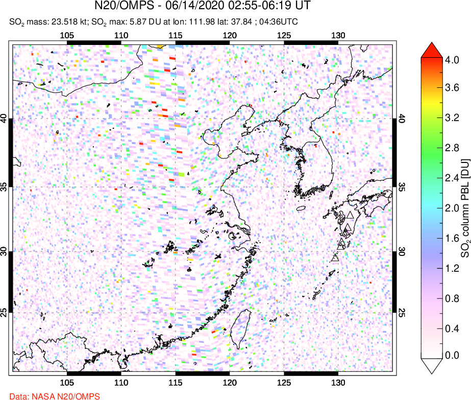 A sulfur dioxide image over Eastern China on Jun 14, 2020.
