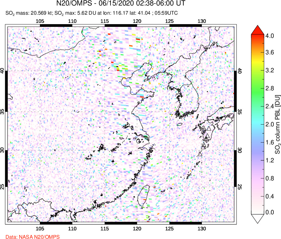 A sulfur dioxide image over Eastern China on Jun 15, 2020.