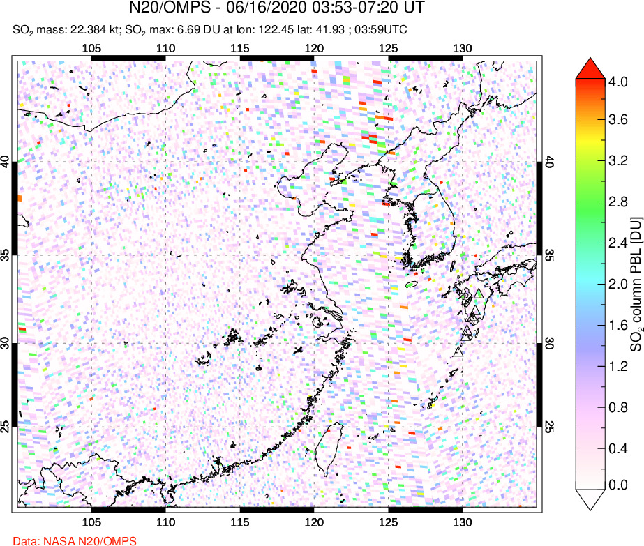 A sulfur dioxide image over Eastern China on Jun 16, 2020.