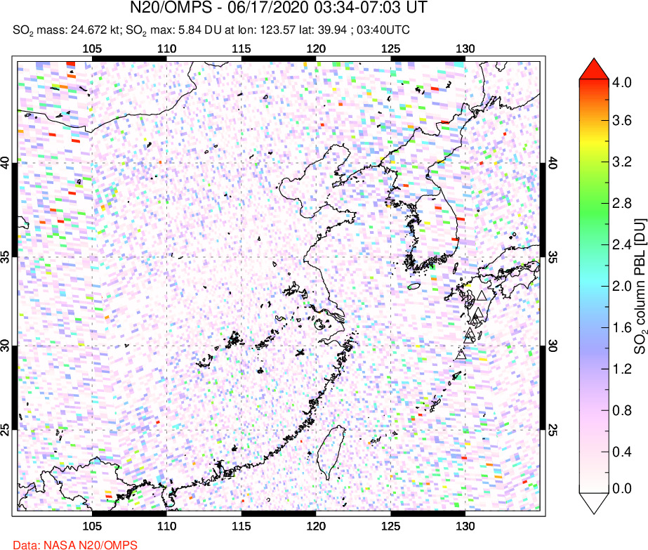 A sulfur dioxide image over Eastern China on Jun 17, 2020.