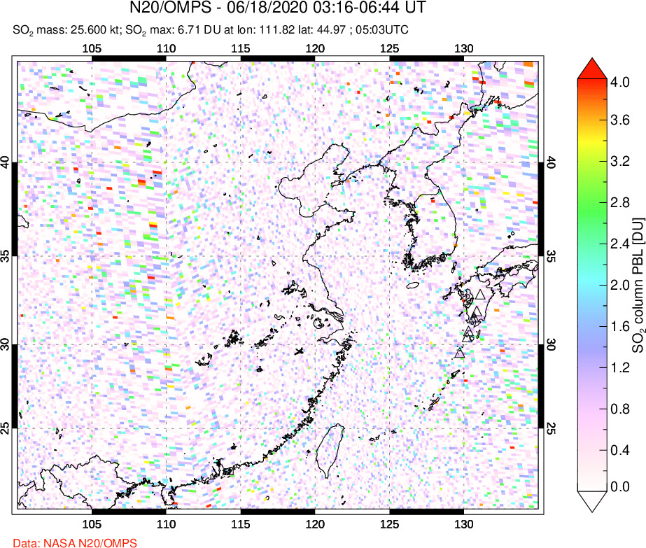 A sulfur dioxide image over Eastern China on Jun 18, 2020.