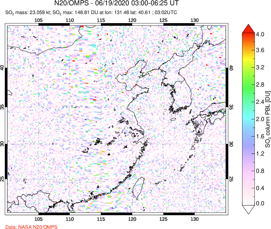 A sulfur dioxide image over Eastern China on Jun 19, 2020.