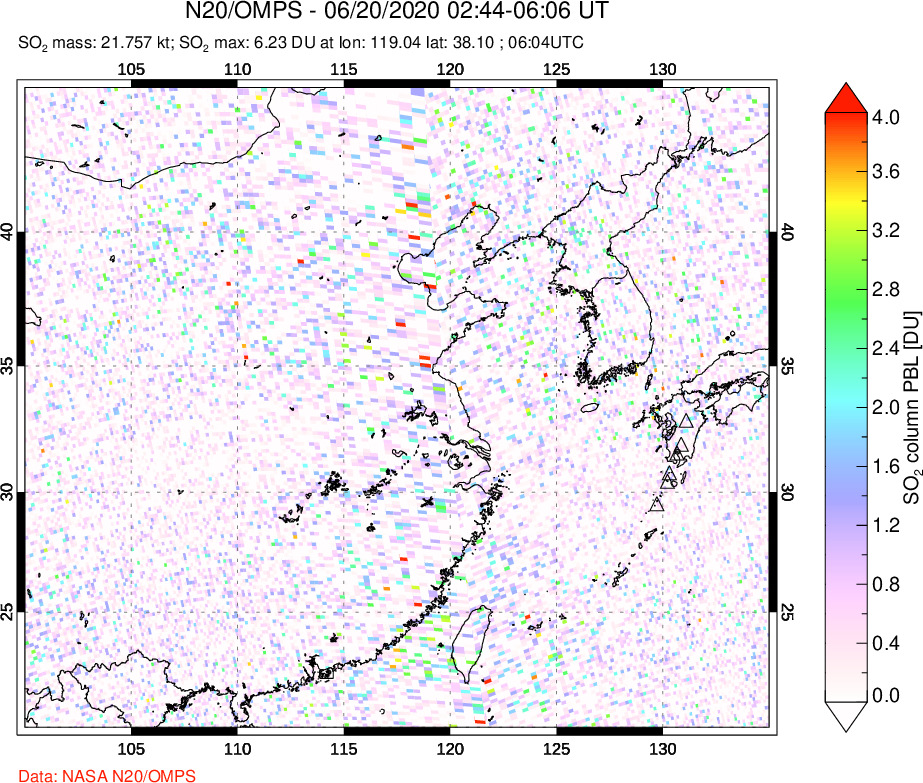 A sulfur dioxide image over Eastern China on Jun 20, 2020.