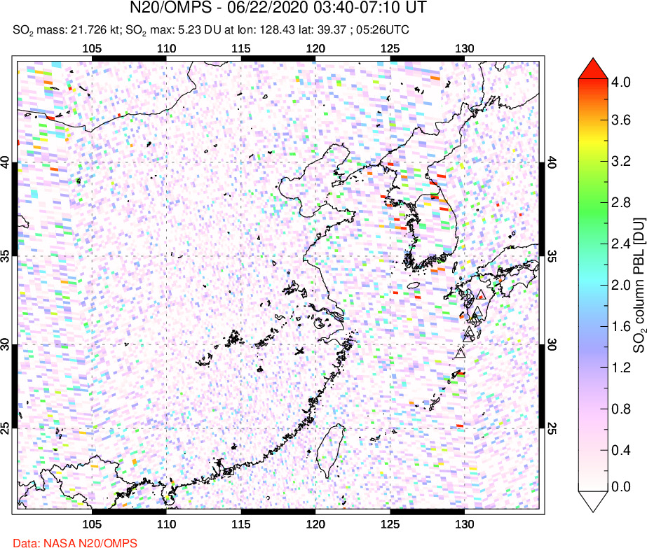 A sulfur dioxide image over Eastern China on Jun 22, 2020.