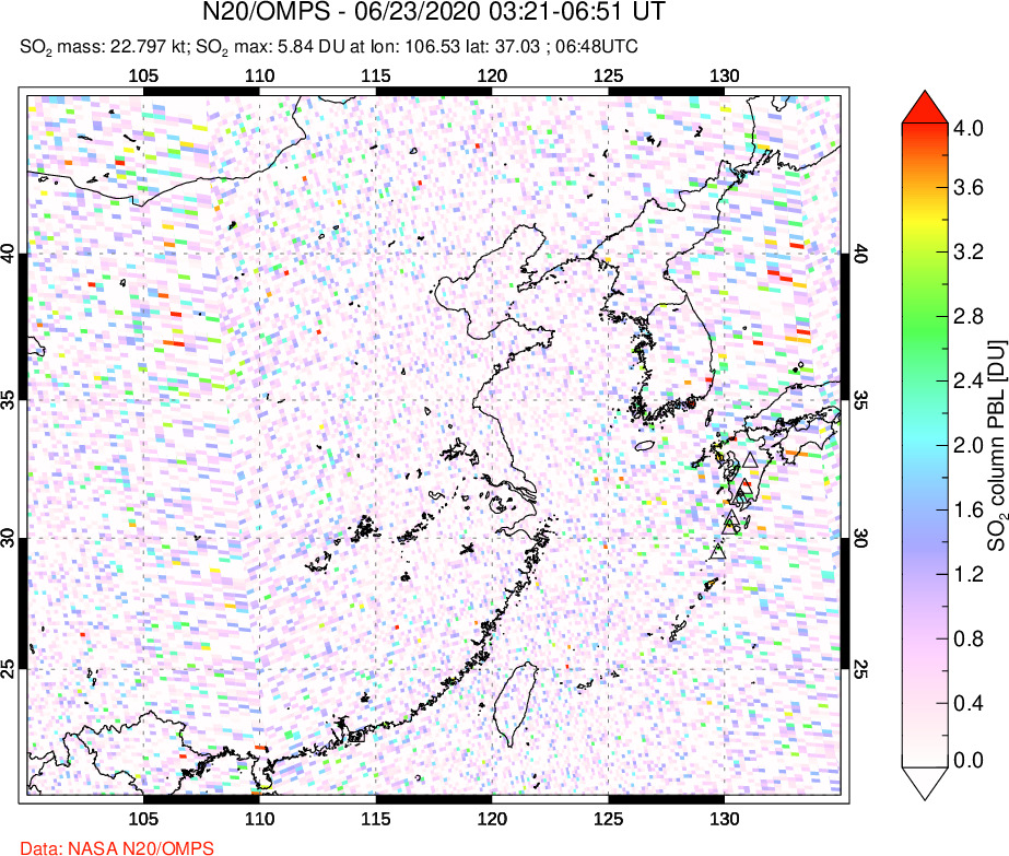 A sulfur dioxide image over Eastern China on Jun 23, 2020.