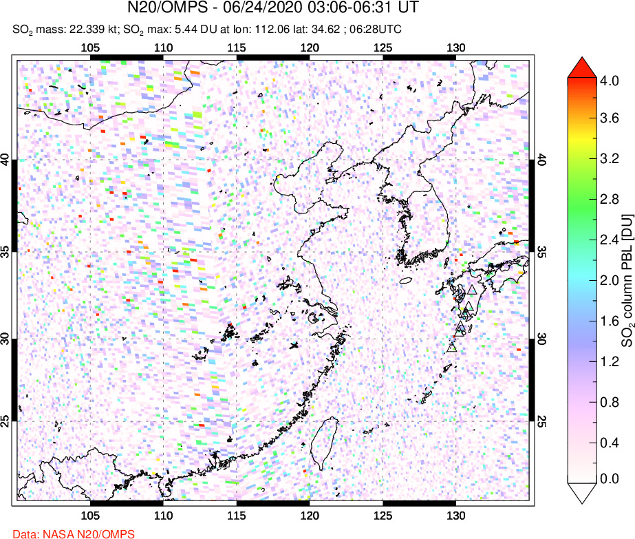 A sulfur dioxide image over Eastern China on Jun 24, 2020.