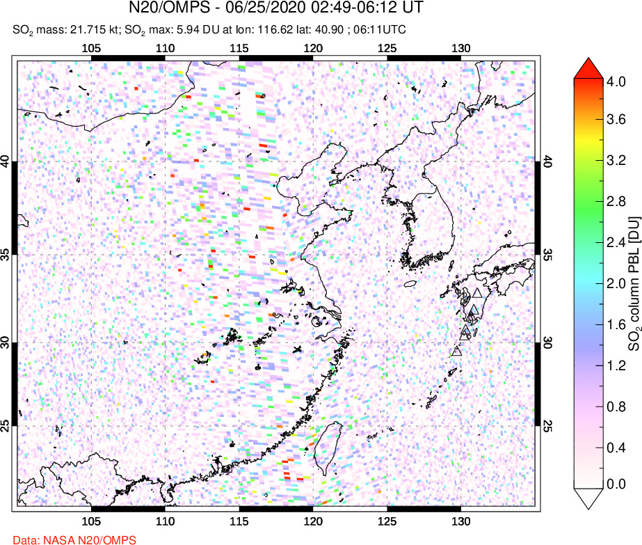 A sulfur dioxide image over Eastern China on Jun 25, 2020.