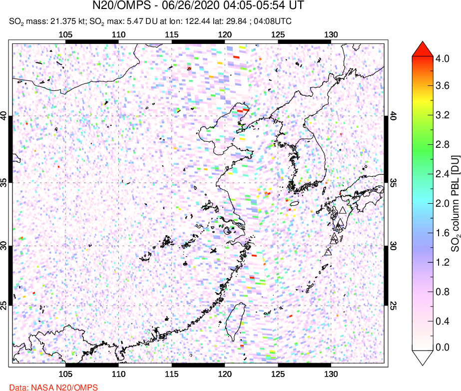 A sulfur dioxide image over Eastern China on Jun 26, 2020.