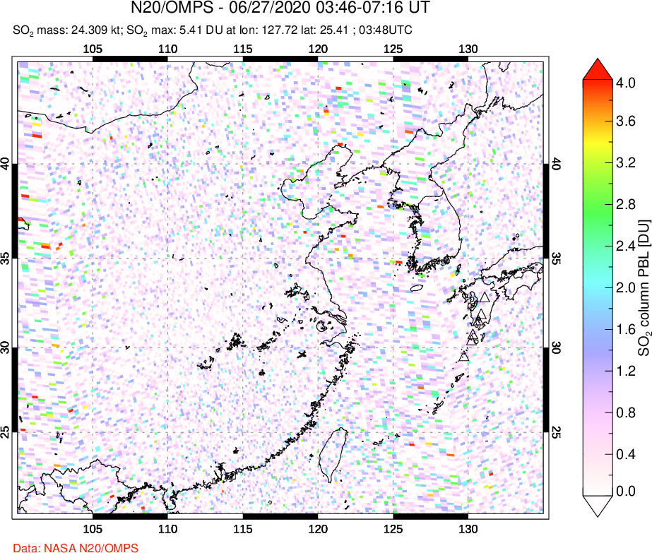 A sulfur dioxide image over Eastern China on Jun 27, 2020.