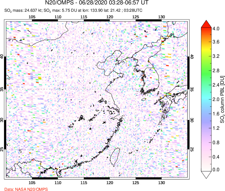 A sulfur dioxide image over Eastern China on Jun 28, 2020.