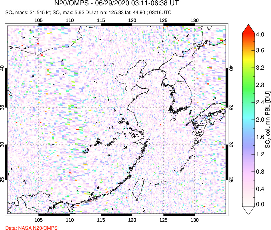 A sulfur dioxide image over Eastern China on Jun 29, 2020.