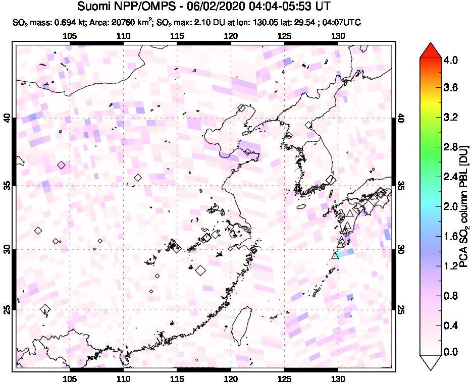 A sulfur dioxide image over Eastern China on Jun 02, 2020.