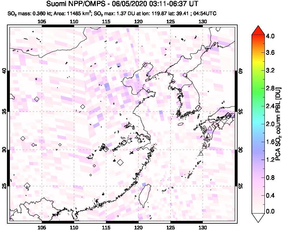 A sulfur dioxide image over Eastern China on Jun 05, 2020.