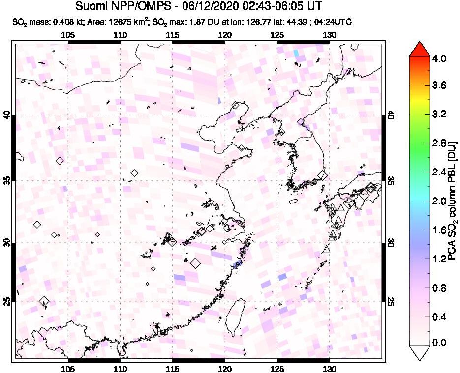 A sulfur dioxide image over Eastern China on Jun 12, 2020.