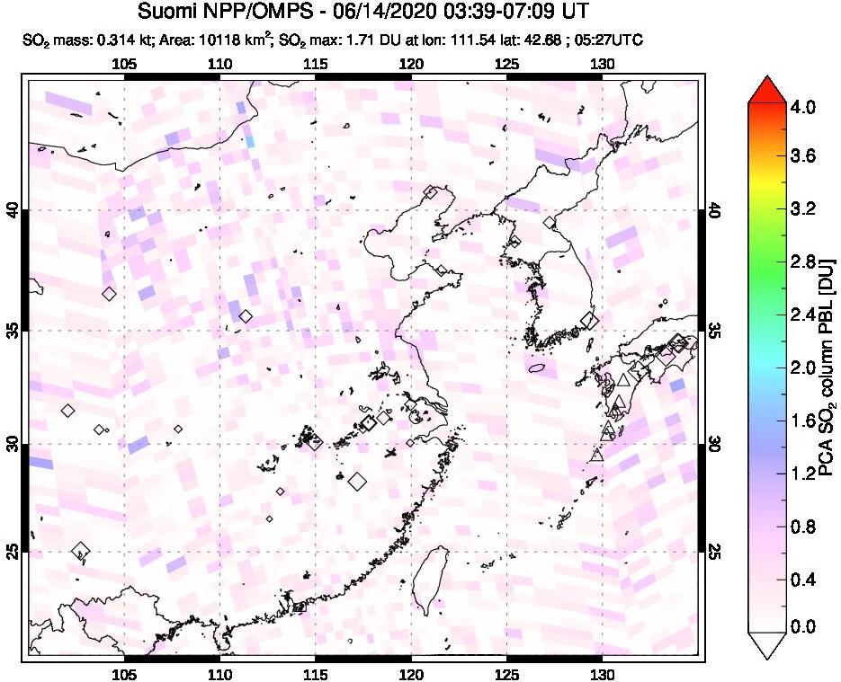 A sulfur dioxide image over Eastern China on Jun 14, 2020.