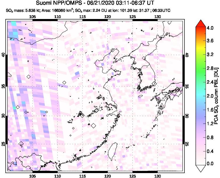 A sulfur dioxide image over Eastern China on Jun 21, 2020.