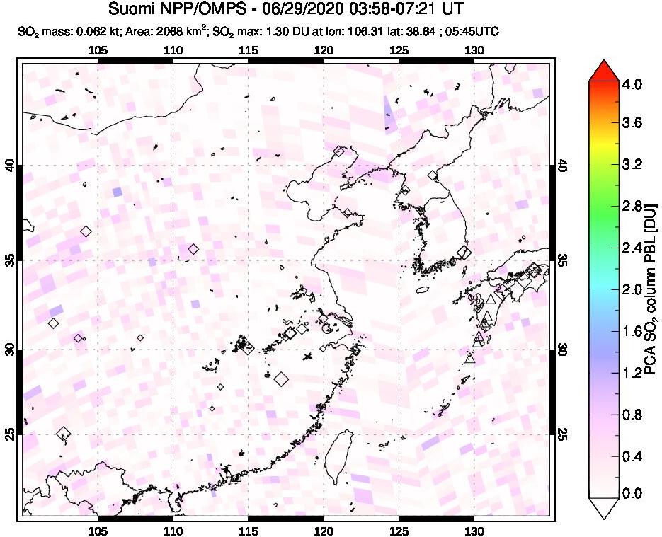 A sulfur dioxide image over Eastern China on Jun 29, 2020.