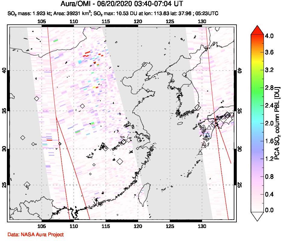 A sulfur dioxide image over Eastern China on Jun 20, 2020.