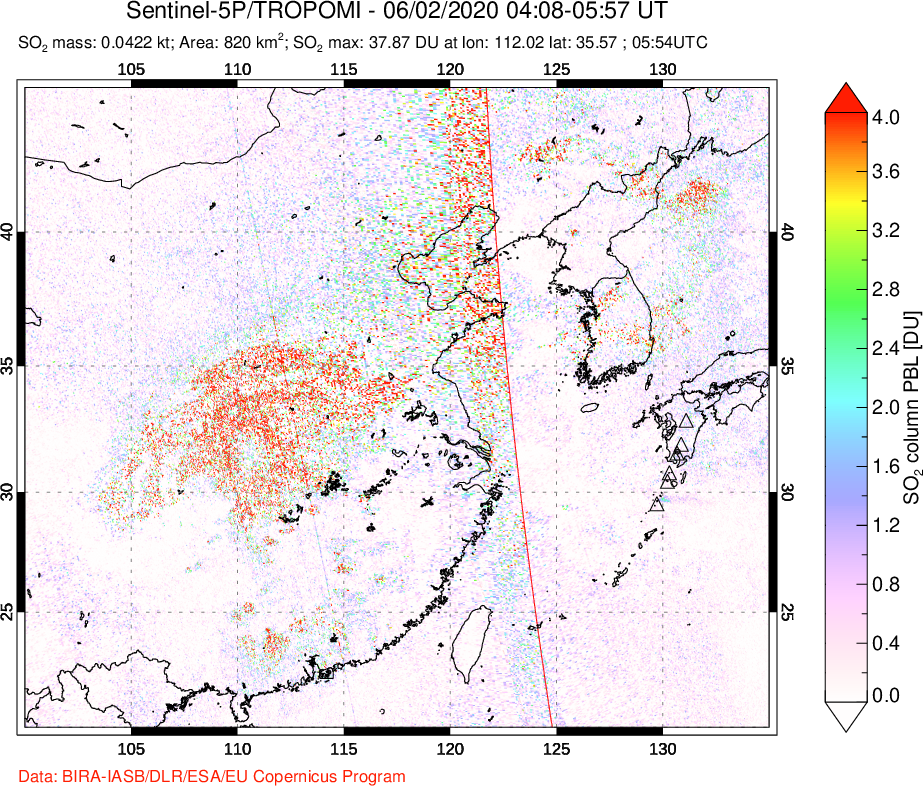 A sulfur dioxide image over Eastern China on Jun 02, 2020.
