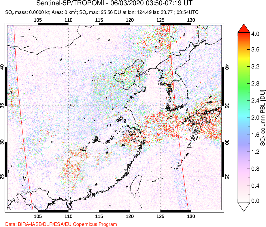 A sulfur dioxide image over Eastern China on Jun 03, 2020.