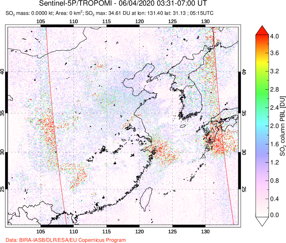 A sulfur dioxide image over Eastern China on Jun 04, 2020.