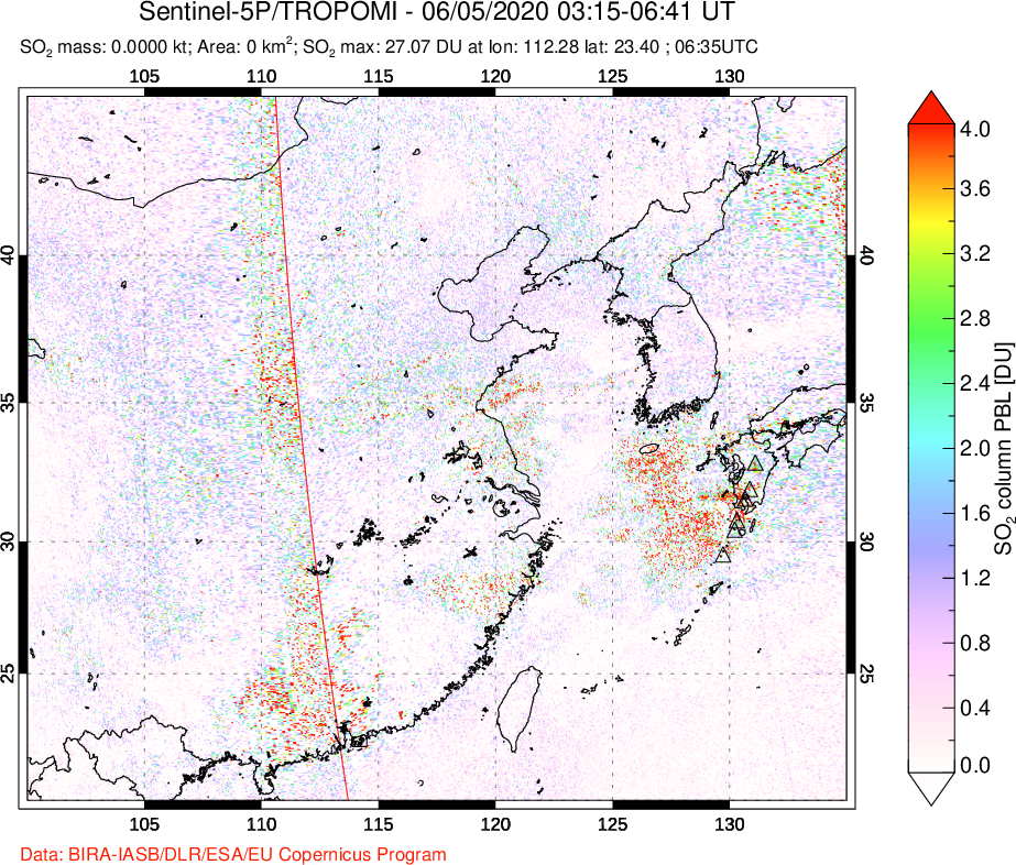 A sulfur dioxide image over Eastern China on Jun 05, 2020.