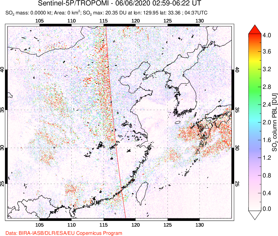 A sulfur dioxide image over Eastern China on Jun 06, 2020.