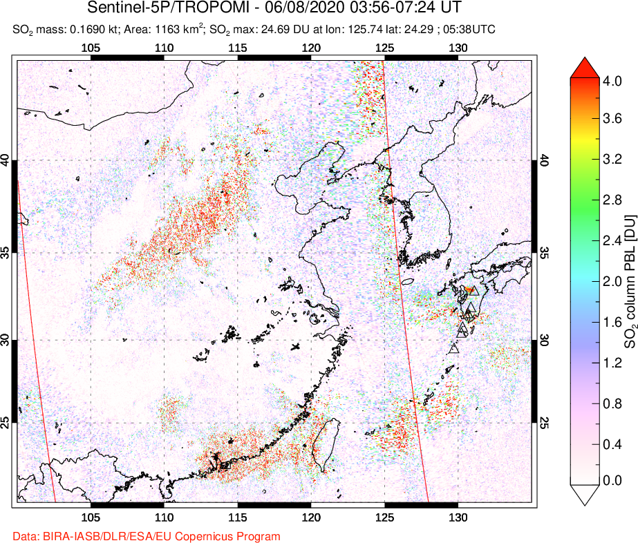 A sulfur dioxide image over Eastern China on Jun 08, 2020.